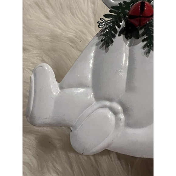 Vintage Dept 56 Flat Metal White Teddy Bear w/ Red Bell Christmas Ornament 4"x3" - Picture 4 of 9